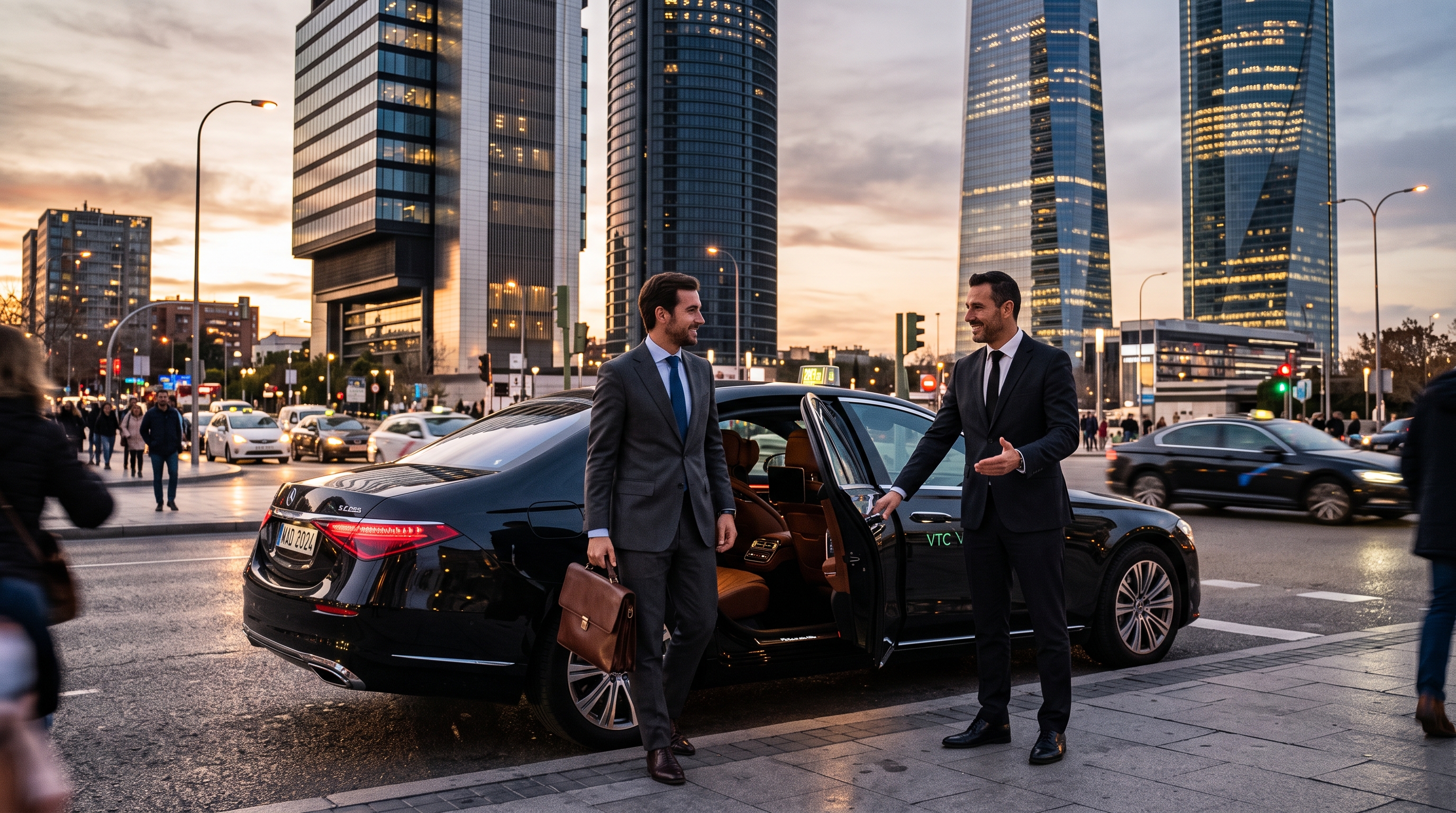 Chauffeur holding the door of a luxury Mercedes-Benz during an hourly hire and corporate mobility service in Madrid