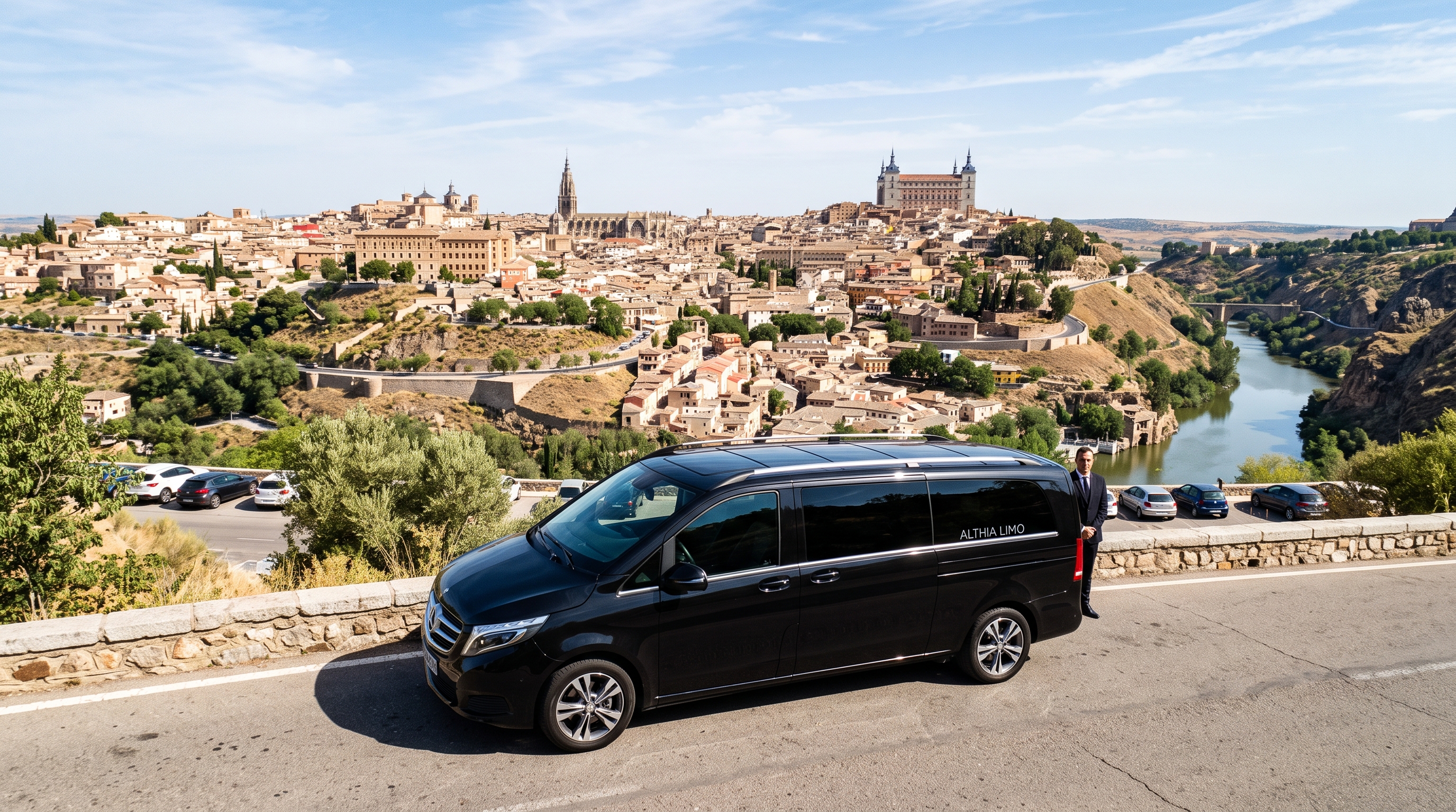 Luxury Mercedes-Benz V-Class with chauffeur during a private guided excursion and exclusive tour in Toledo, Spain