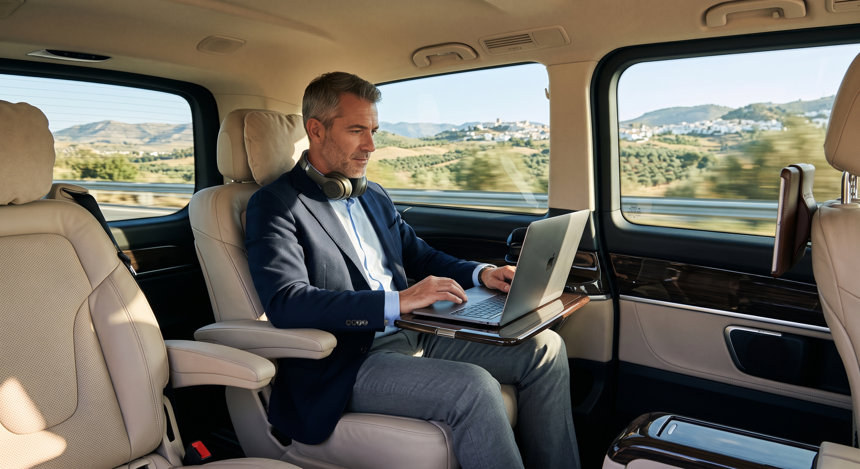 Interior view of a luxury Mercedes-Benz V-Class passenger cabin during a long distance chauffeur transfer between Madrid and Marbella