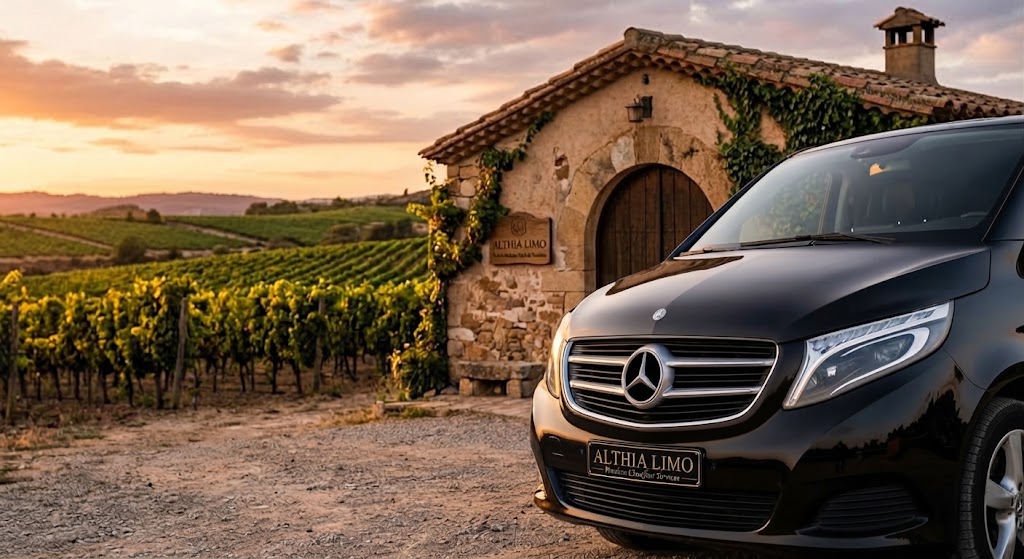 Black Mercedes-Benz V-Class at a Spanish winery during a private wine tasting tour